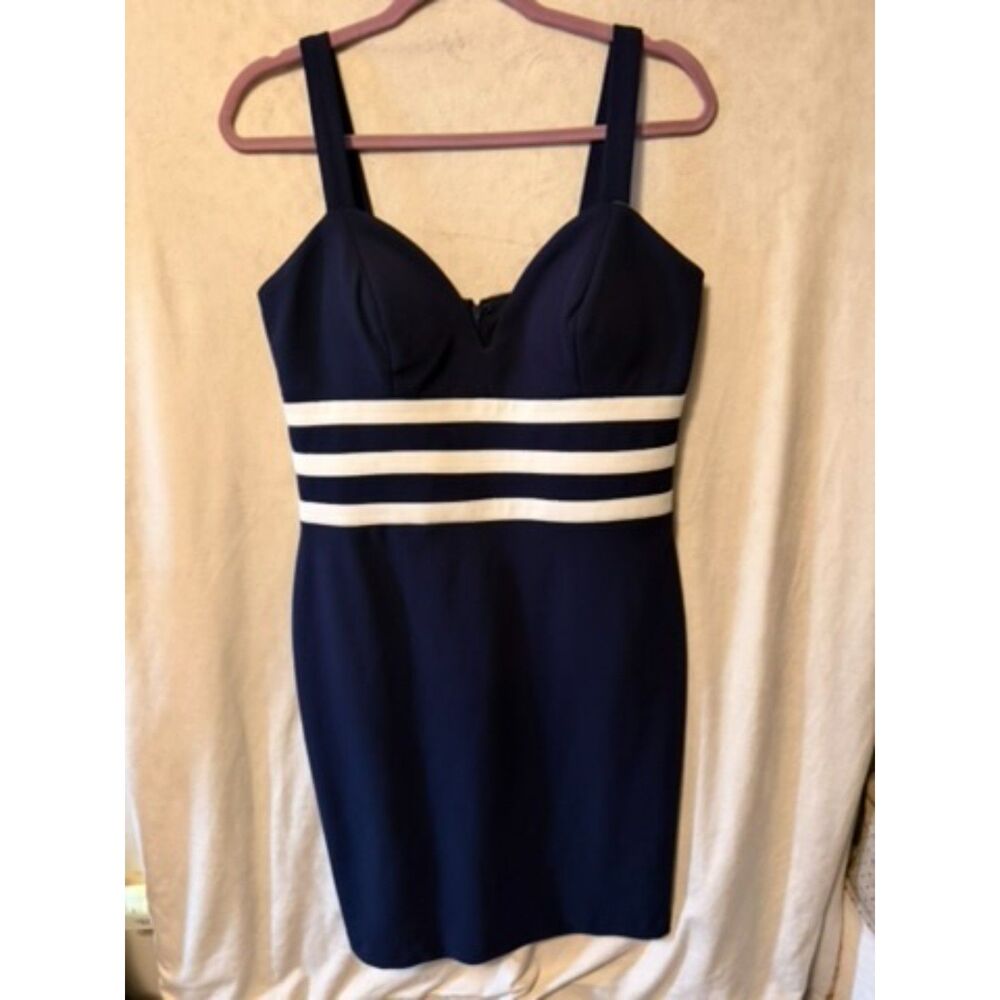 Marina Navy Blue & Ivory Stripe Cocktail Dress Size 10 Sheath